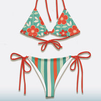 Retro Flowers & Stripe String Bikini Set